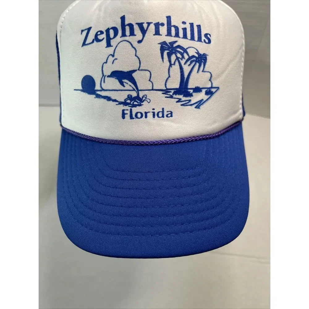 Vintage Zephyrhills Florida Snapback Trucker Hat White Blue‎ Ocean Beach Dolphin